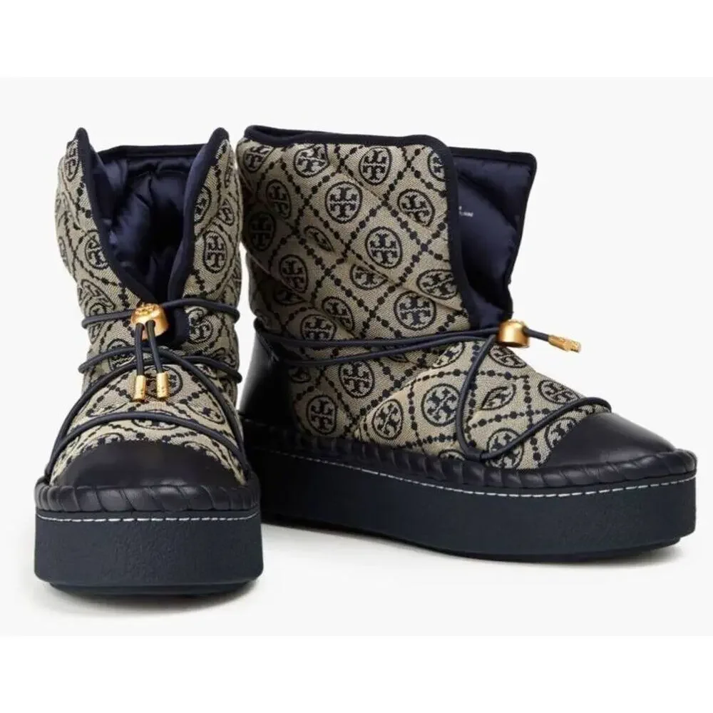 Tory Burch T Monogram‎ Boot 5 Logo Navy Gold Platform Bootie Shearling Footbed
